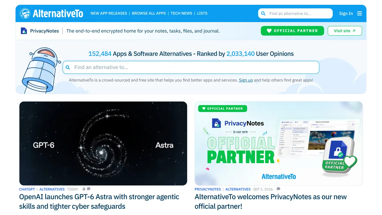 Screenshot of AlternativeTo