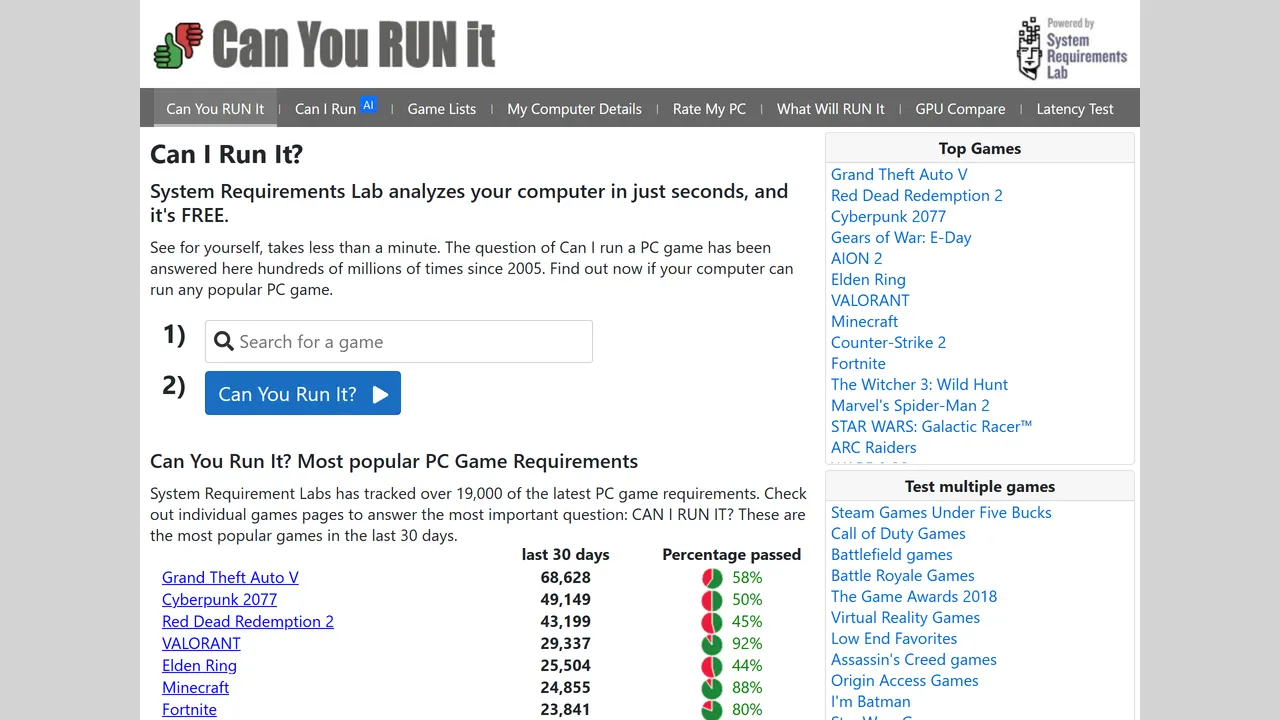 Screenshot of Can You Run It