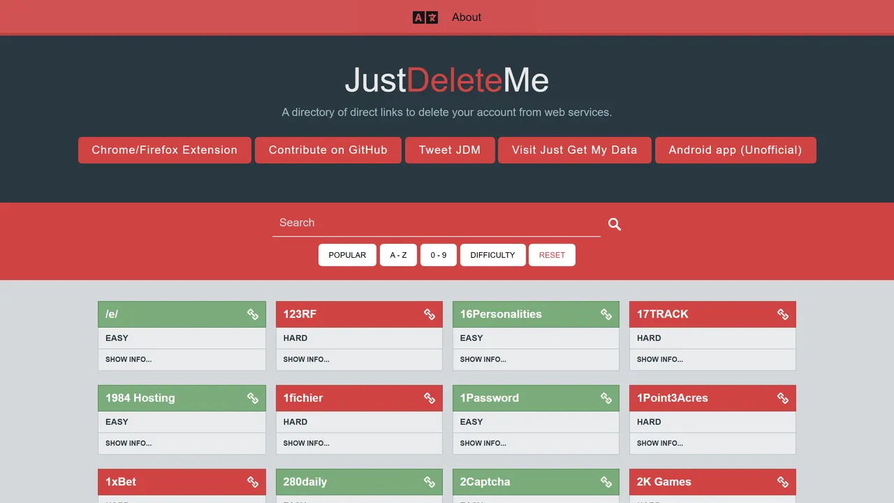Screenshot of JustDeleteMe