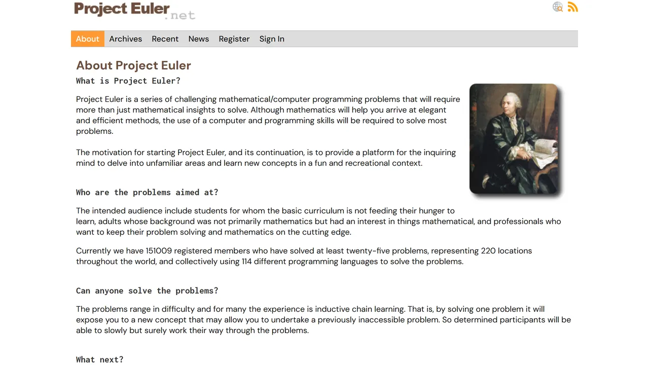 Screenshot of Project Euler