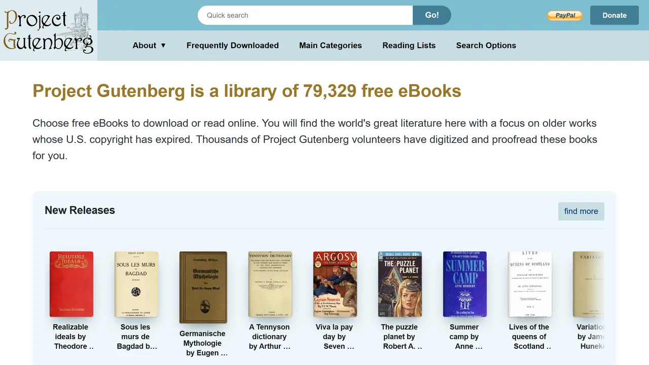Screenshot of Project Gutenberg