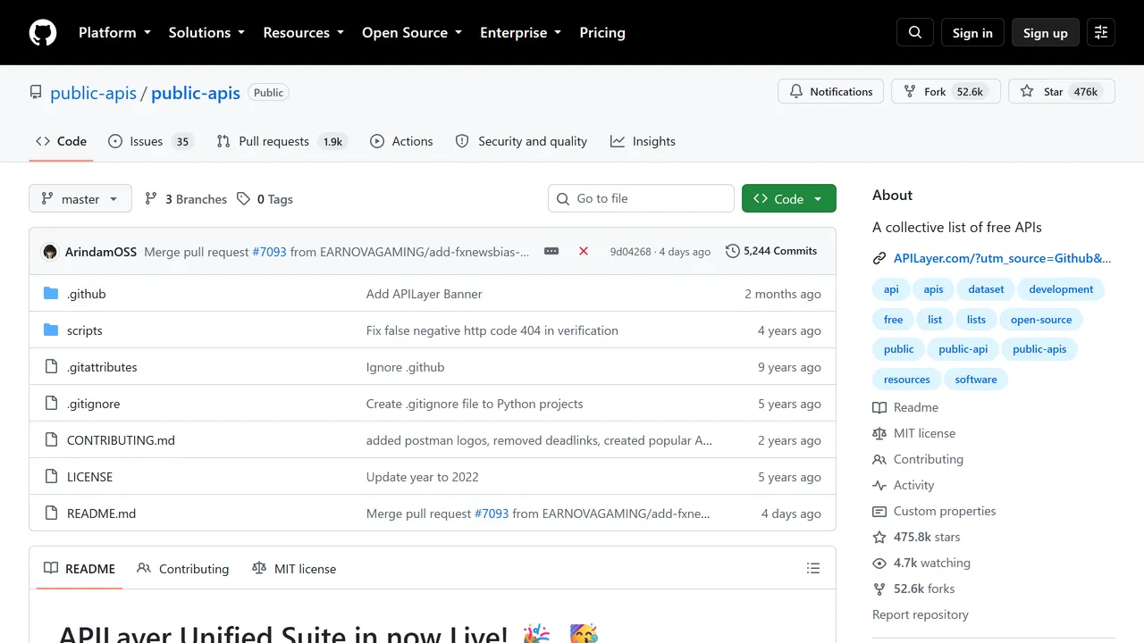 Screenshot of Public APIs