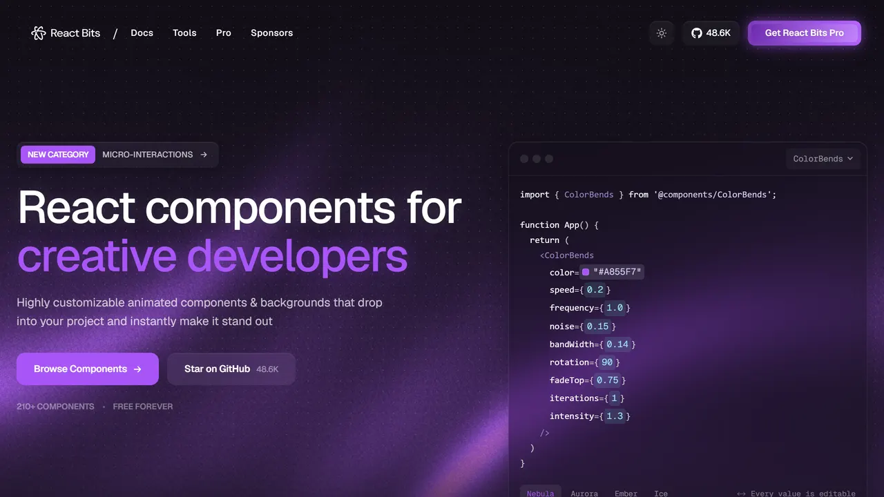 Screenshot of React Bits