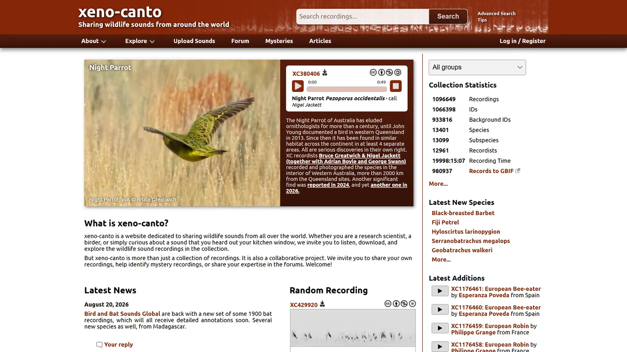Screenshot of xeno-canto